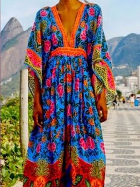 FARM Rio Blue Maxi Dress with Pink & Orange Floral Print